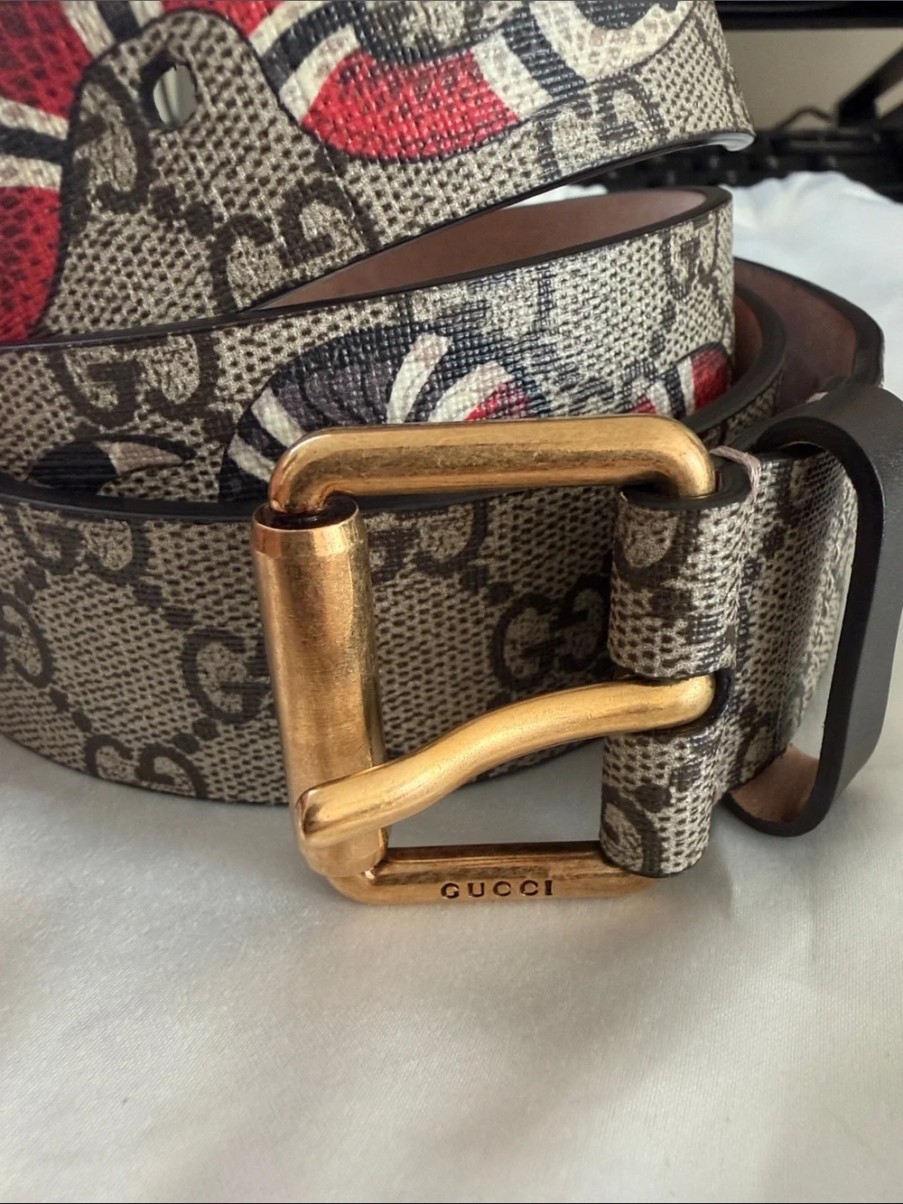 Gucci Beige GG Supreme Monogram Belt with Red and Black Accents